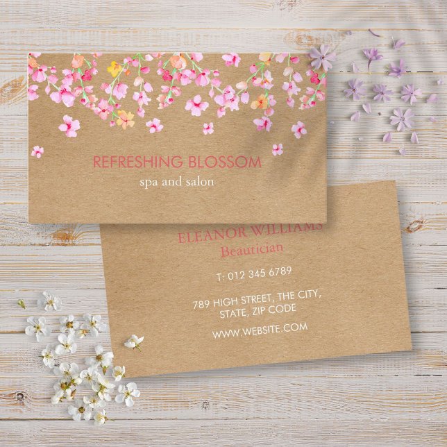 Carte De Visite Rose Blossom Élégant Moderne Rustique Kraft (Pink Blossom Elegant Modern Rustic Kraft Business Card)