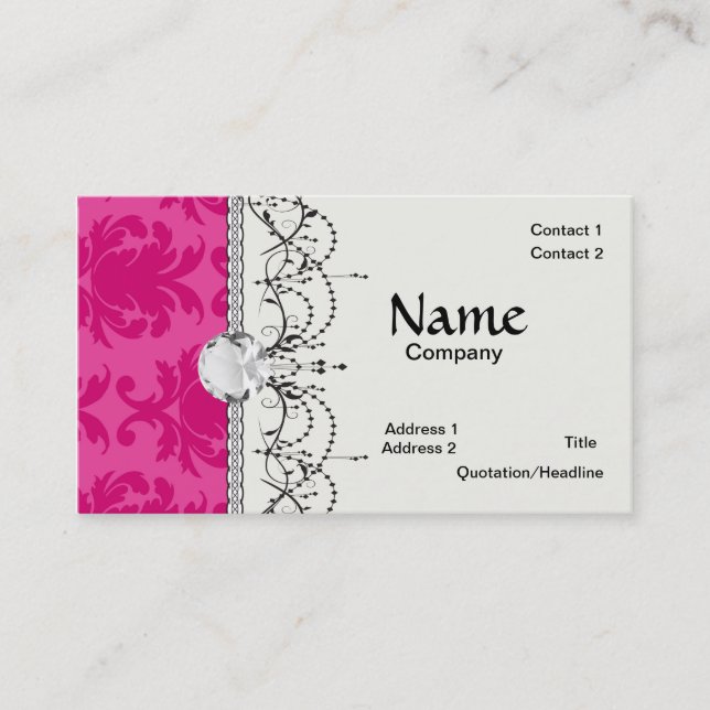 Carte De Visite rose chaud sur rose chic damask motif (Devant)