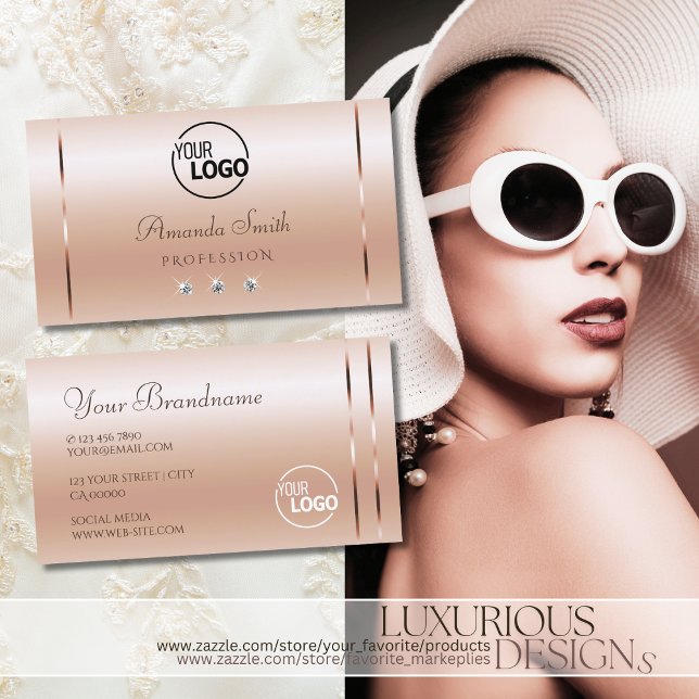 Carte De Visite Rose Corail Pastel Pailleté Strass et Logo (Créateur téléchargé)