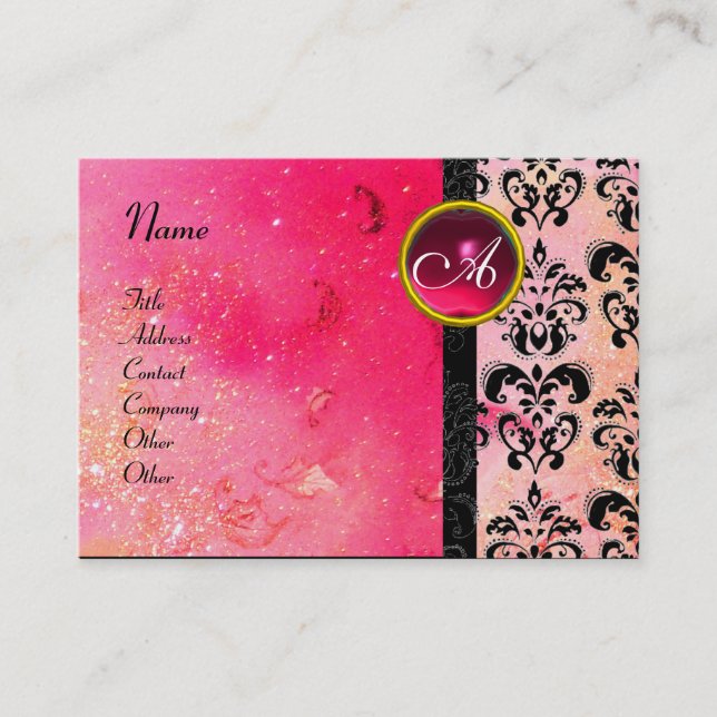 Carte De Visite ROSE D'OR SPARKLING DAMASK MONOGRAM, rubis fuchsia (Devant)