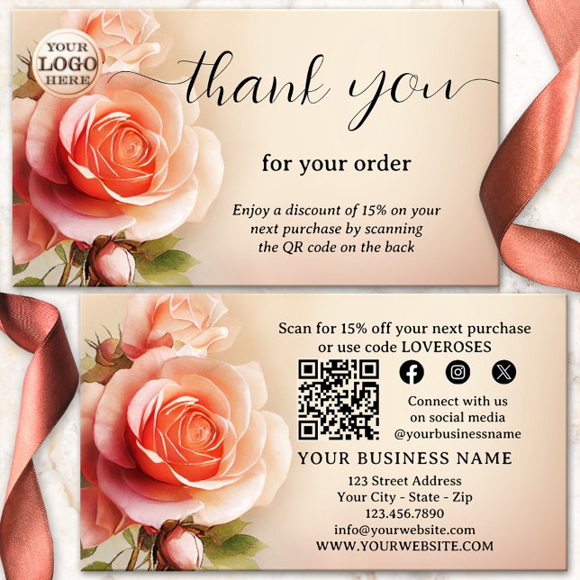 Carte De Visite Rose Élégante Merci pour votre commande (Thank you for your order business card featuring a painting of a beautiful rose - with QR code)