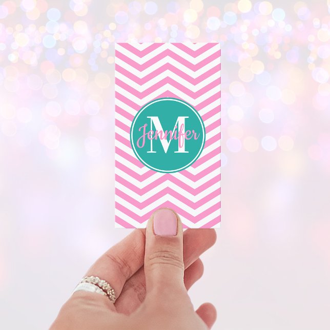 Carte De Visite Rose et blanc Chevron Turquoise Monogramme (Pink and Teal Monogram Business Cards)