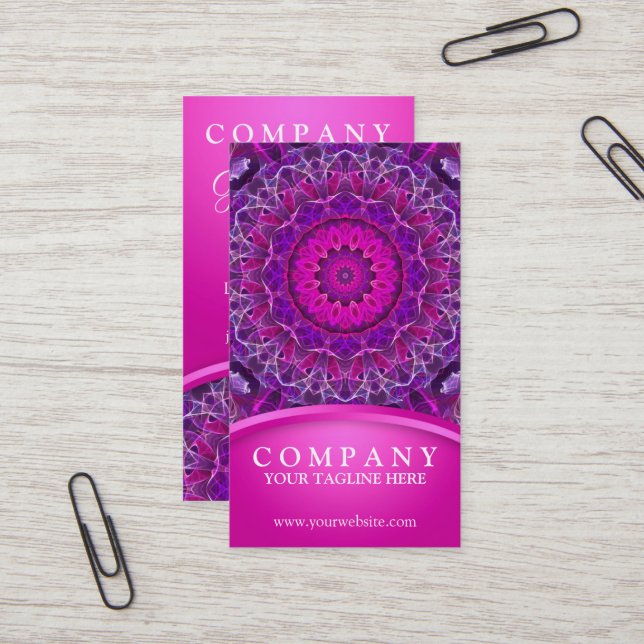Carte De Visite Rose et mandala rougeoyant pourpre - conception (Devant/Arrière en situation)