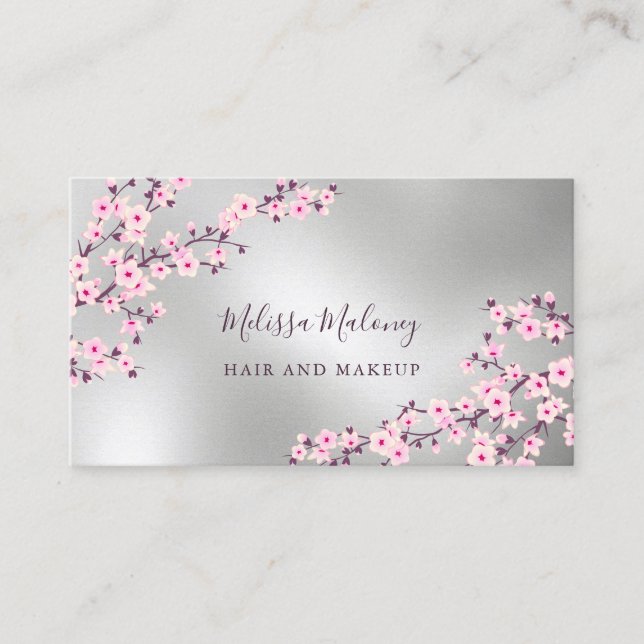 Carte De Visite Rose Fleur de Cerisier Professionnel Argent (Devant)