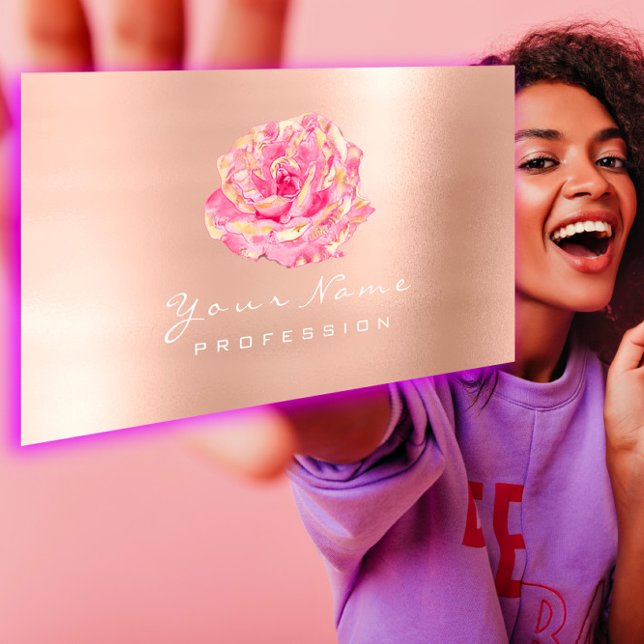 Carte De Visite Rose Fleur Or Champagne Élégant (Pink Rose Flower Gold Champagne Elegant Business Card)