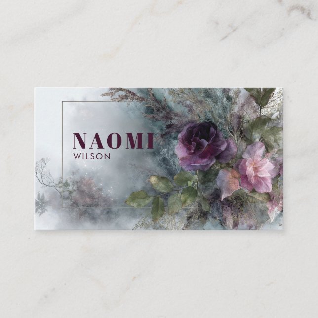Carte De Visite Rose Fleur Pourpre Prune et Jardin Brumeux (Devant)