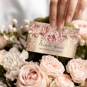 Carte De Visite Rose Fleurs Gold Confetti Drip QR CODE Logo