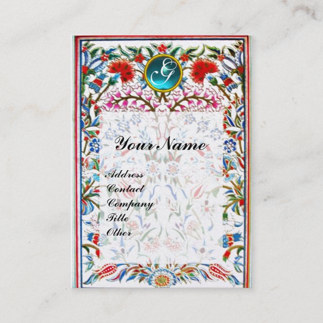 Carte De Visite ROSE FLEURS ORIENTALES DAMASK MONOGRAM Blue Pearl (Devant)