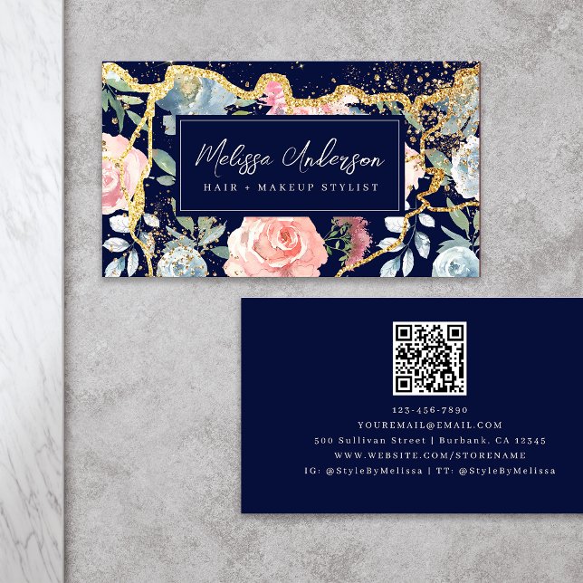 Carte De Visite Rose Floral Agate Gold Parties scintillant QR Code (Créateur téléchargé)