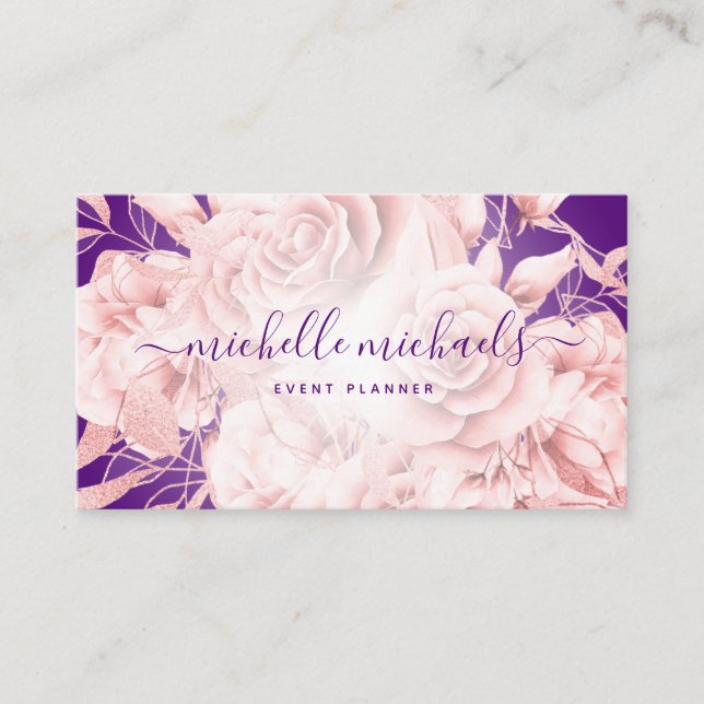 Carte De Visite Rose Floral Gold Purple Script moderne (Devant)