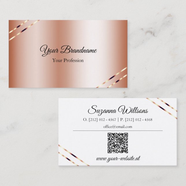 Carte De Visite Rose Gold avec lignes scintillantes et code QR élé (Devant / Derrière)