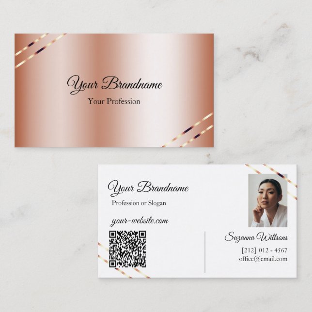 Carte De Visite Rose Gold avec lignes scintillantes Photo et Code  (Devant / Derrière)