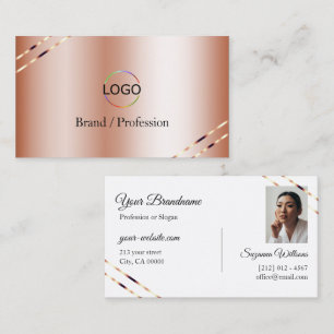 Carte De Visite Rose Gold avec logo et photo aux lignes scintillan
