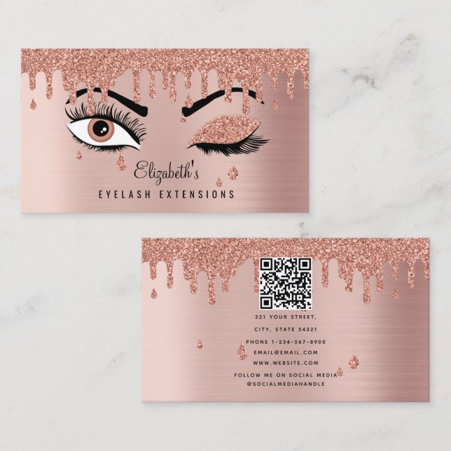 Carte De Visite Rose Gold Beauty Maquillage Artiste Eyelashes QR C (Devant / Derrière)