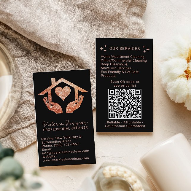 Carte De Visite Rose Gold Black Cleaning Service Maid QR Logo (Rose Gold Black Cleaning Service Maid QR Logo Business Card)