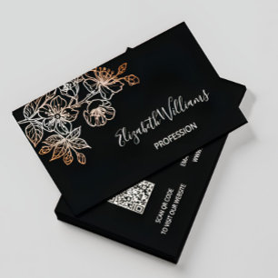 Carte De Visite Rose Gold Black Line Art Floral Code QR