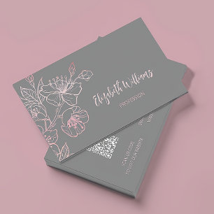 Carte De Visite Rose Gold Blush Rose Gris Floral   Code QR
