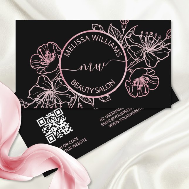 Carte De Visite Rose Gold Blush Rose Noir Floral | Code QR (Créateur téléchargé)