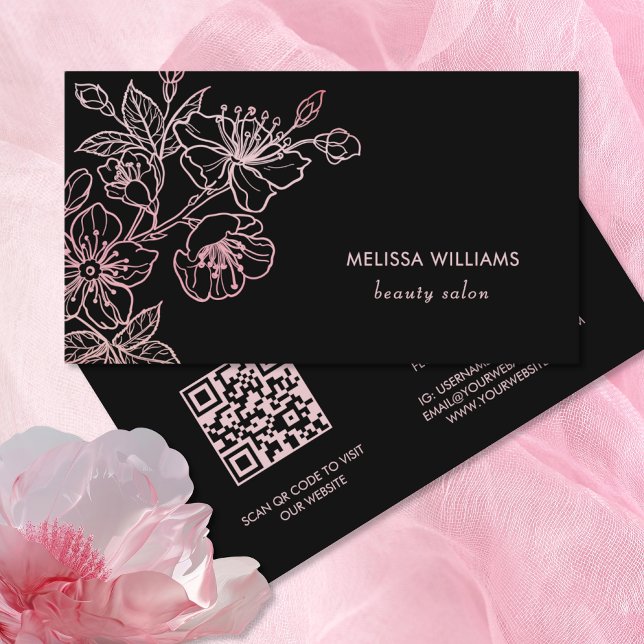 Carte De Visite Rose Gold Blush Rose Noir Floral | Code QR (Créateur téléchargé)