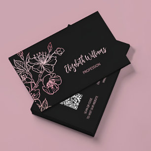 Carte De Visite Rose Gold Blush Rose Noir Floral Code QR