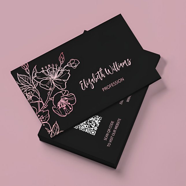 Carte De Visite Rose Gold Blush Rose Noir Floral | Code QR (Créateur téléchargé)