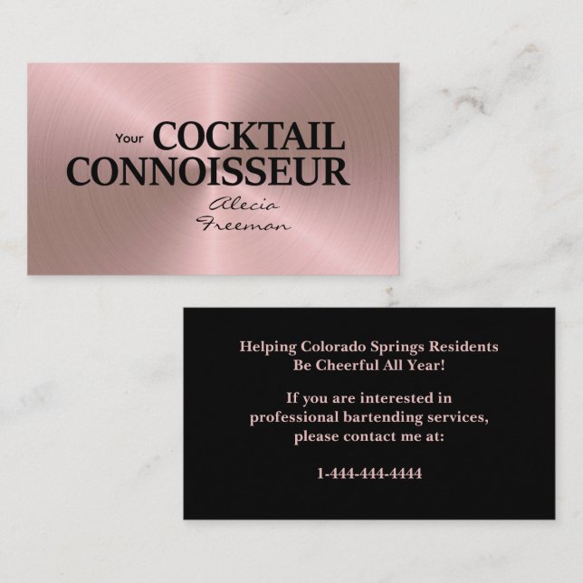 Carte De Visite Rose Gold Brushed Event Bartender Business Card (Devant / Derrière)