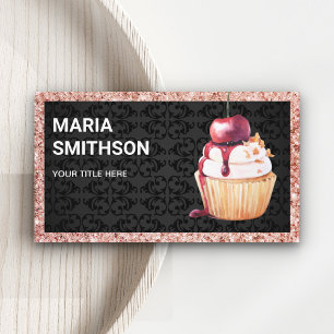 Carte De Visite Rose Gold Cerry Cupcake Pâtisserie Chef boulangeri