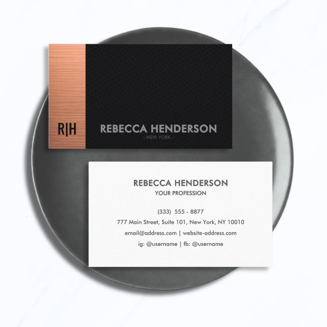 Carte De Visite Rose Gold Cuir Noir avec Monogramme Blanc au Dos  (Créateur téléchargé)