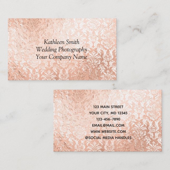 Carte De Visite Rose Gold Damassé Élégant Féminin  (Devant / Derrière)