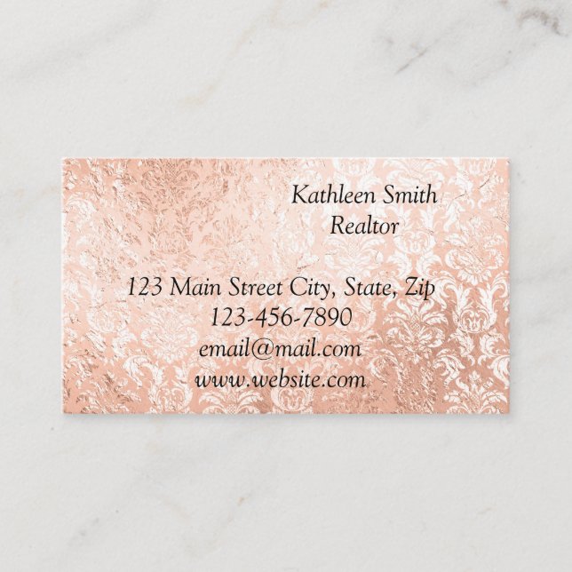 Carte De Visite Rose Gold Damassé Élégant Script (Devant)