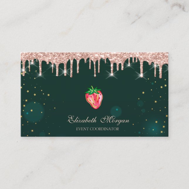 Carte De Visite Rose Gold Drips Chic Fraise Verte  (Devant)