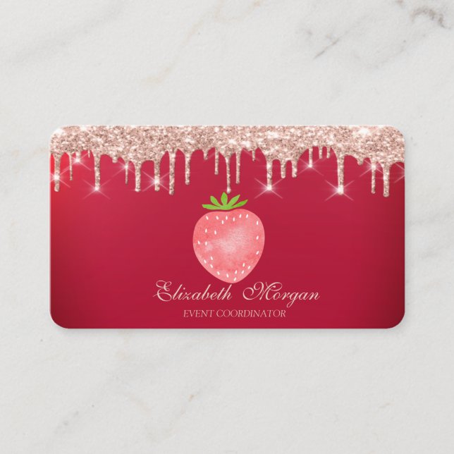 Carte De Visite Rose Gold Drips Fraise Rouge (Devant)