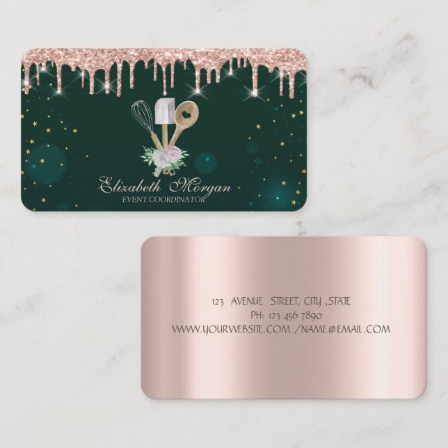 Carte de visite Rose Gold Drips Strawberry Green (Devant / Derrière)