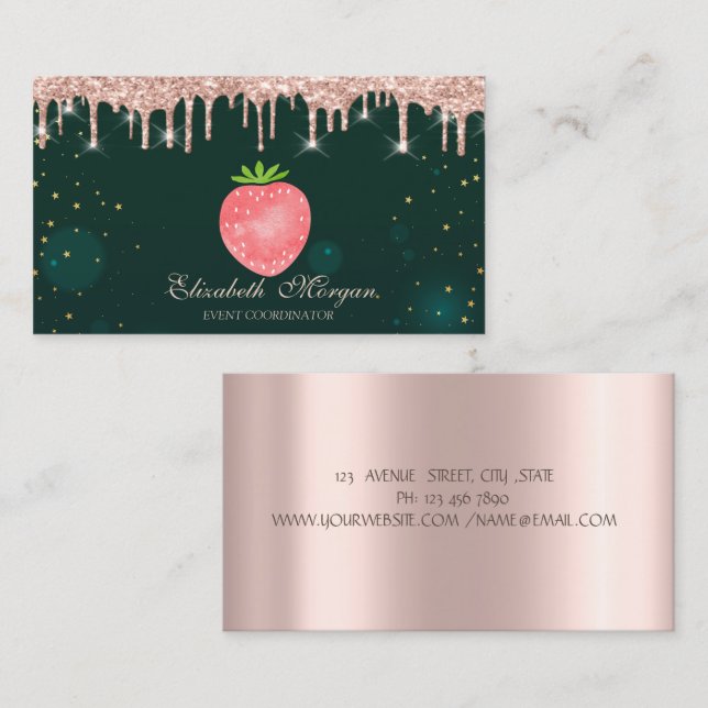Carte de visite Rose Gold Drips Strawberry Green (Devant / Derrière)