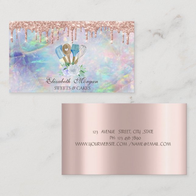 Carte De Visite Rose Gold Drives Opal Bakery Outils à main (Devant / Derrière)