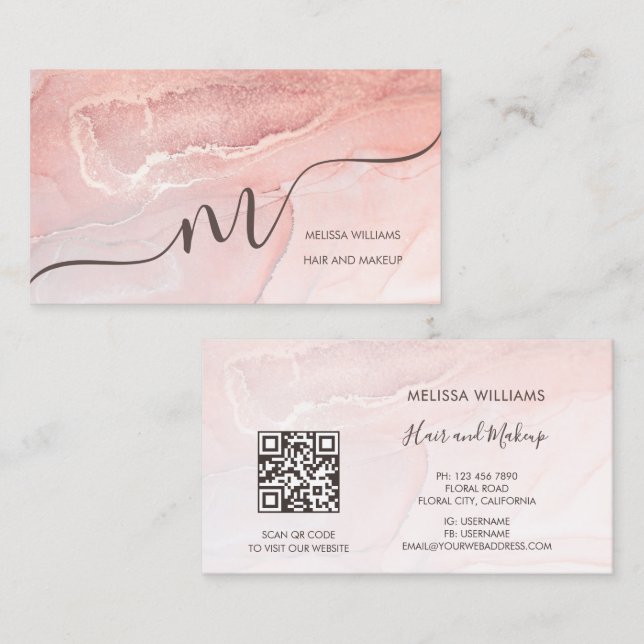 Carte De Visite Rose Gold  Encre Marbre | Code QR (Devant / Derrière)