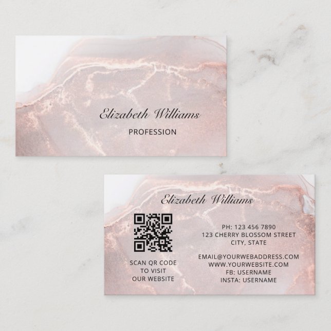 Carte De Visite Rose Gold  Encre Marbre | Code QR (Devant / Derrière)