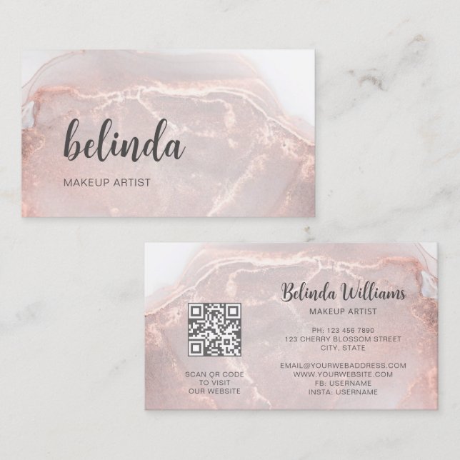 Carte De Visite Rose Gold  Encre Marbre | Code QR (Devant / Derrière)