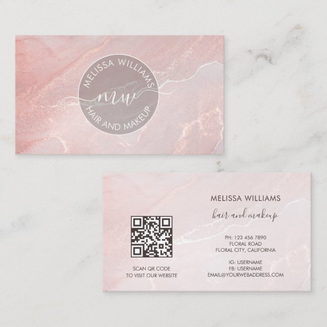 Carte De Visite Rose Gold  Encre Marbre | Code QR (Devant / Derrière)