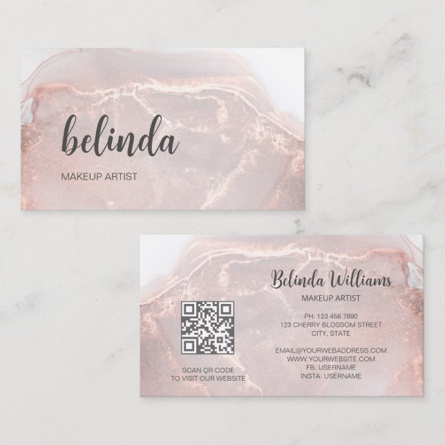 Carte De Visite Rose Gold  Encre Marbre | Code QR (Devant / Derrière)