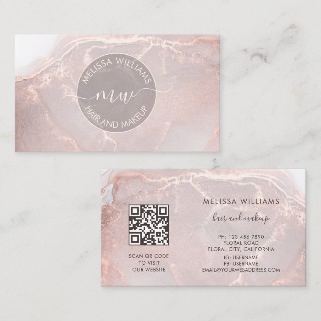Carte De Visite Rose Gold  Encre Marbre | Code QR (Devant / Derrière)