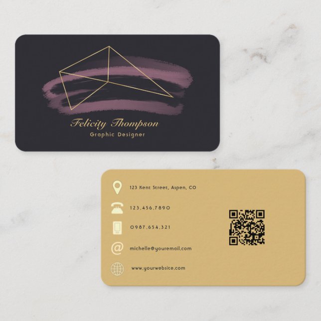 Carte De Visite Rose Gold et Gold Brush Strots QR Code (Devant / Derrière)