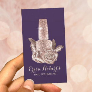 Carte De Visite Rose Gold Floral ongle Polonais Purple Manicuriste