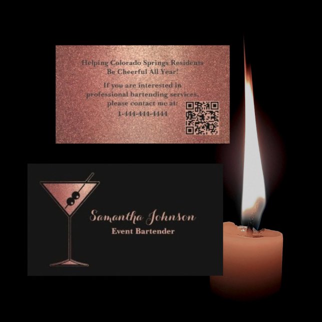 Carte De Visite Rose Gold Glitter Event Bartender QR Code (Créateur téléchargé)