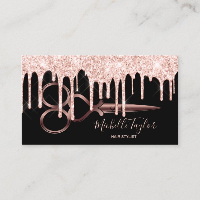 Carte De Visite Rose Gold gouttes coiffeur ciseaux coiffeur ciseau (Devant)