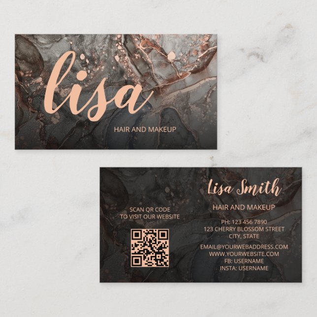 Carte De Visite Rose Gold Gray Ink Marble Scan QR Code Business Ca (Devant / Derrière)