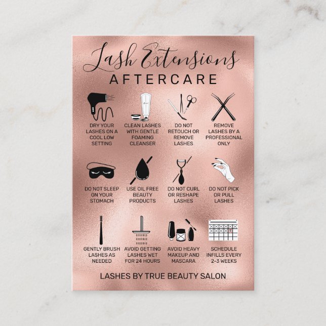 Carte De Visite Rose Gold Lash Extensions métalliques Aftercare Ic (Devant)
