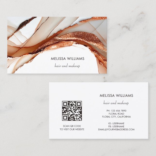Carte De Visite Rose Gold Luxueux Élégant Abstrait 3D | Code QR (Devant / Derrière)