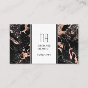 Carte De Visite Rose Gold Marbre Noir Monogramme Élégant