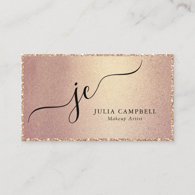 Carte De Visite Rose Gold Moderne Script Monogram Chic (Devant)